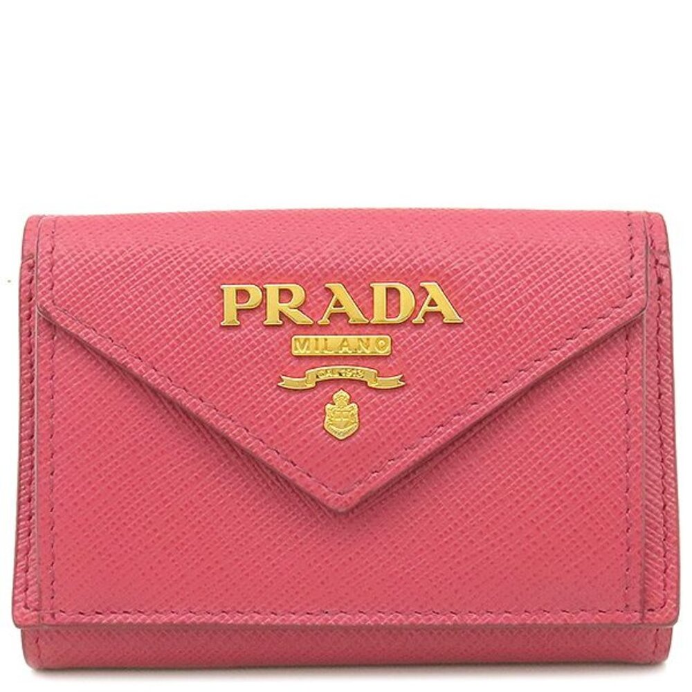 Prada Trifold Wallet Metal Logo Leather Pink Gold Hardware Compact Wallet - Picture 1 of 13
